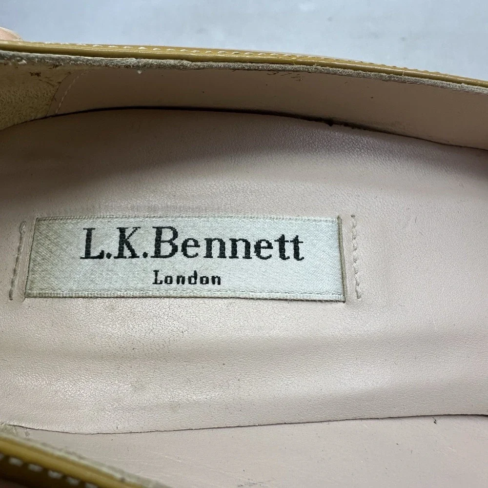 Womens 6.5 / EU 37.5 LK Bennett Pumps Mustard Patent Leather Stiletto Peep Toe